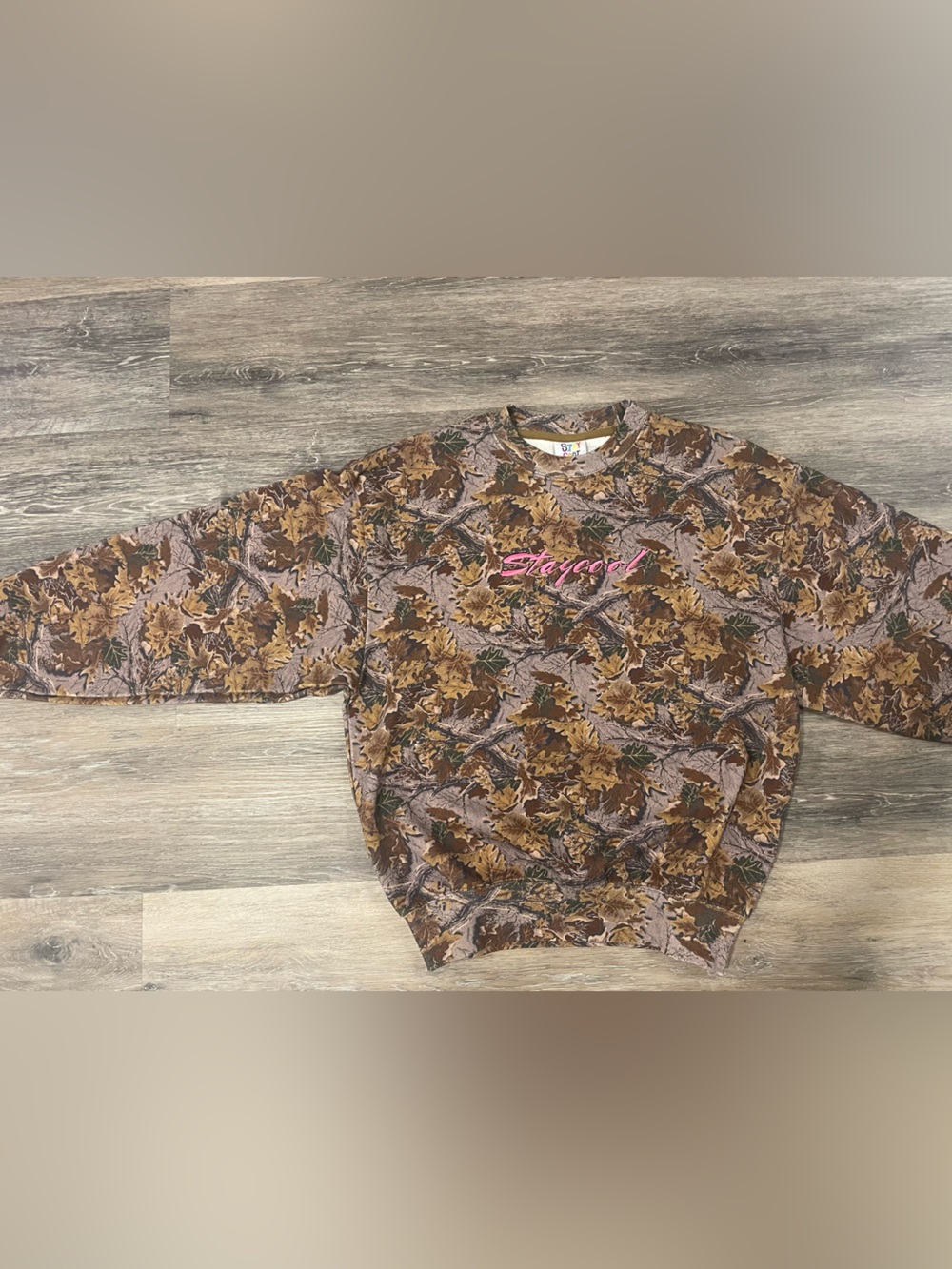 Camo Leaf Print Sweatshirt with Pink Script Logo
